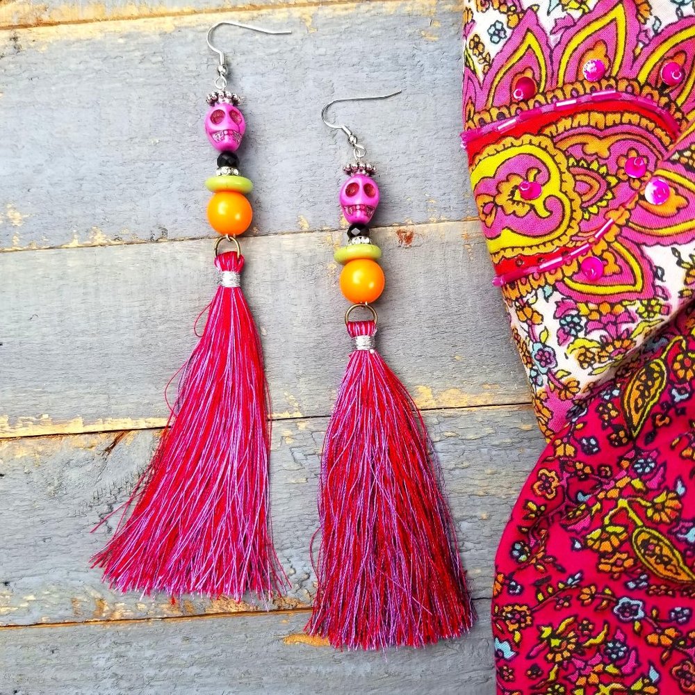 Earrings Halloween Skulls Day of the Dead Tassels Purple Orange Green Beaded